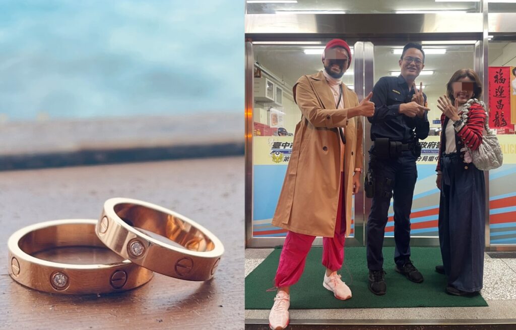 ▲圖說：泰籍夫妻蜜月旅行不慎遺失婚戒，得知員警找回時笑得合不攏嘴 （圖／台中市政府提供）