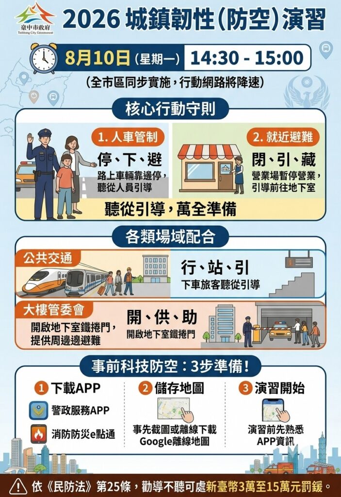 ▲圖說：臺中市2026城鎮韌性（防空）演習8月10日登場，籲請市民配合防空疏散避難及人車管制             （圖／台中市政府  提供）