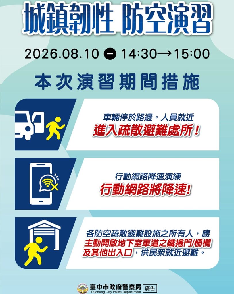 ▲圖說：今年防空演習措施包含「車停人就近避難」及「行動網路降速」等情境演練            （圖／台中市政府 提供）