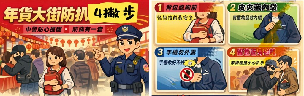 ▲圖說：民眾年貨大街逛街備年貨，警方宣導防扒4撇步             （圖／台中市政府 提供）